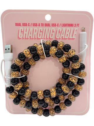 Leopard-print beaded charging cable accessory on display card