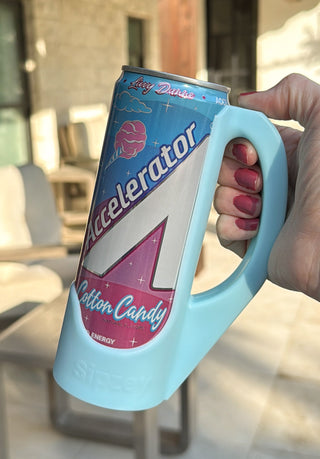 Cotton Candy Blue skinny can handle with grip opening and branding.