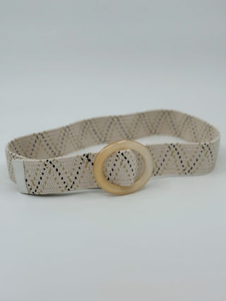 Ivory woven belt with diamond pattern and round tan buckle
