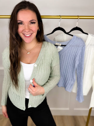 Sweet Pea Long Sleeve Avery Mae Mom Cropped Button Up Cardigan - 3 colors!