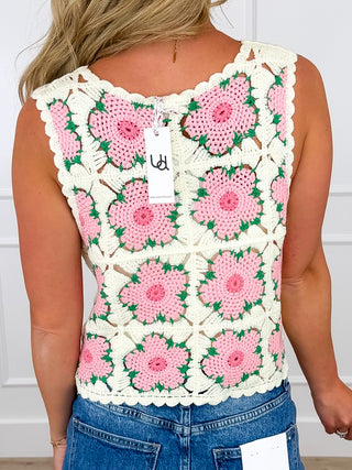 Ivory crochet tank top with pink green floral pattern, scalloped neckline (back)