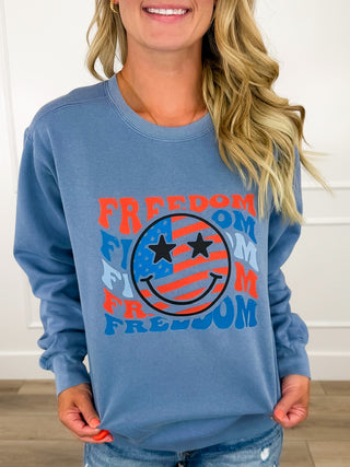 All American Optimist Cotton Blend Long Sleeve Blue Avery Mae Graphic Crewneck Sweatshirt (Comfort Colors)