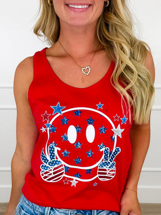 Star Spangled Smiley Cotton Red Avery Mae Graphic Tank Top (Bella+Canvas)