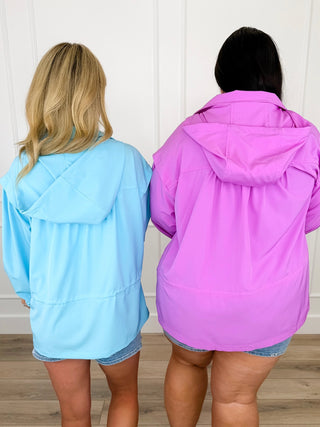 Lightweight hooded long-sleeve jacket in pink, back view with drawstring hood