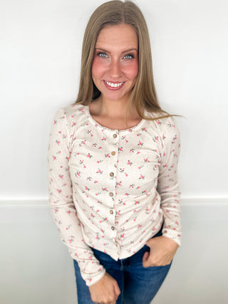The First Date Long Sleeve Oatmeal Avery Mae Button Up Top