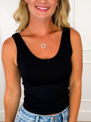 Black cropped padded tank top with V neckline, sleeveless