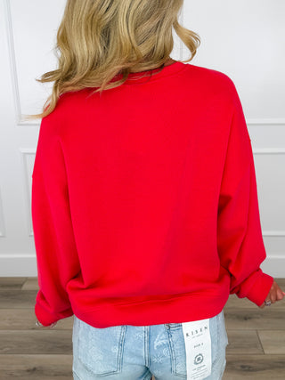 Red long-sleeve crewneck cotton-blend top, back view with relaxed fit