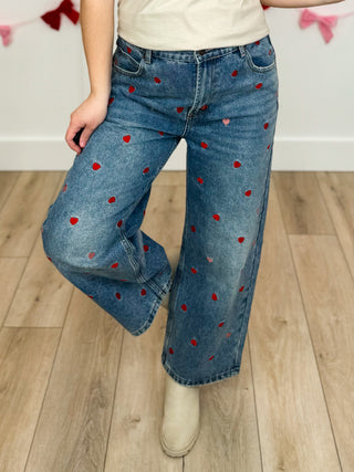 Love Out Loud High Rise Embroidered Boyfriend Medium Wash Avery Mae Cropped Blue Jeans