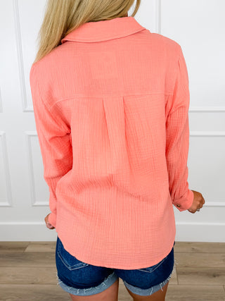 Lowkey Loving it Cotton Long Sleeve Coral Avery Mae Button Up Top