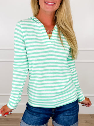 I'm Keeping You Knit Long Sleeve Striped Avery Mae Hooded Top - Multiple Colors