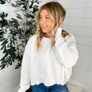 Taking Off Knit Long Sleeve White Avery Mae Cropped Sweater Top