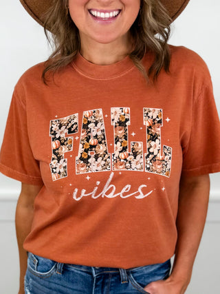 Fall Floral Vibes Cotton Short Sleeve Orange Avery Mae Graphic Tee Shirt