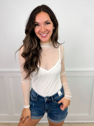 White Birch Gaining Control Sheer Mesh Long Sleeve Cream Top