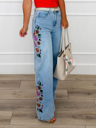 Addison High-Rise Wide Leg Jeans - Light Wash (Embroidered, Non-Distressed)