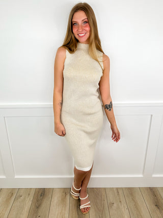 oatmeal ribbed dress Quince Women's Cotton Cashmere Ribbed Long Sleeve Crew Midi Dress, Heather Oatmeal, Size XS