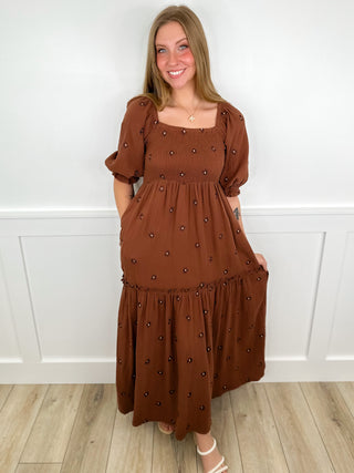 Earthy Elegance Cotton 3/4 Sleeve Brown Avery Mae Dress