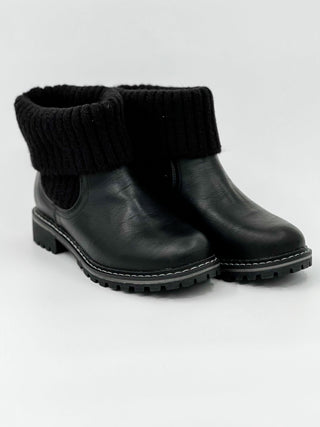Faux leather ankle booties with ribbed knit cuff and rugged lug sole, black