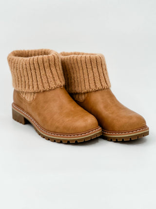 Faux leather ankle booties with ribbed knit cuff and lug sole, tan
