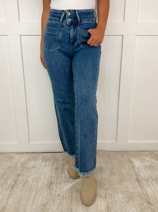 Marie High Rise Fray Hem Adjustable Quad Button Bootcut Medium Wash Blue Jeans