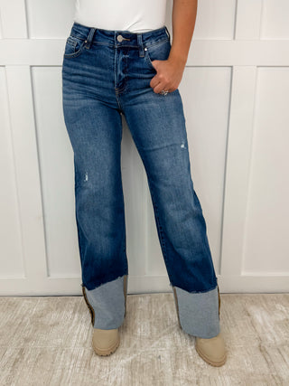 Risen April Distressed High Rise Wide Leg Dark Wash Blue Jeans