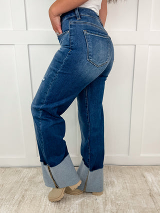 Risen April Distressed High Rise Wide Leg Dark Wash Blue Jeans