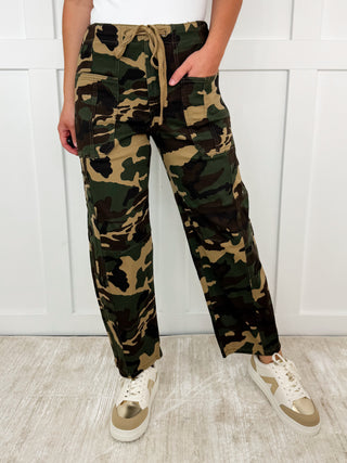 Risen Taylor High Rise Camo Cargo Cropped Barrel Jeans