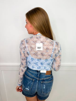 Joyful Bloom Sheer Mesh Long Sleeve Blue Avery Mae Top