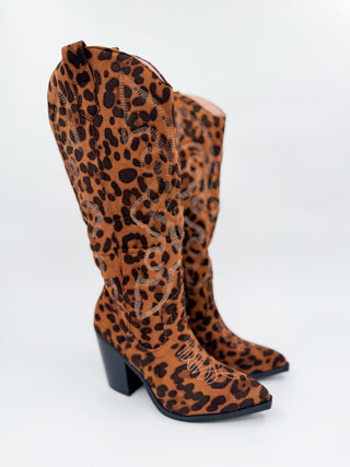 Leopard print tall faux suede boots with block heel and pointed toe