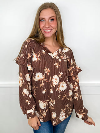 Ruffled Up Ribbed Long Sleeve Brown Avery Mae Tunic Top