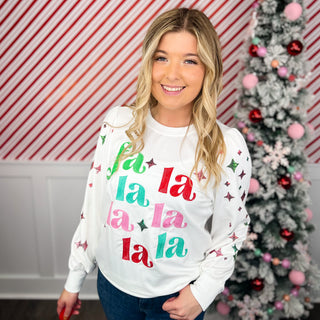 Fa La La All Along Lightweight Long Sleeve White Avery Mae Graphic Top