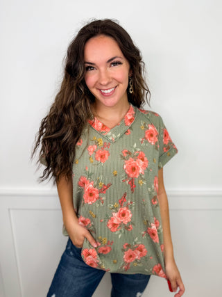 Spring Garden Ribbed Short Sleeve Green Avery Mae Top