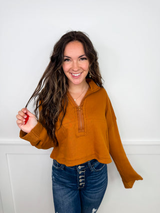 I'm Halfway There Cotton Blend Long Sleeve Camel Avery Mae Cropped Top