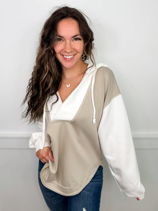 Take a Leap Cotton Blend Long Sleeve Taupe Avery Mae Hooded Top