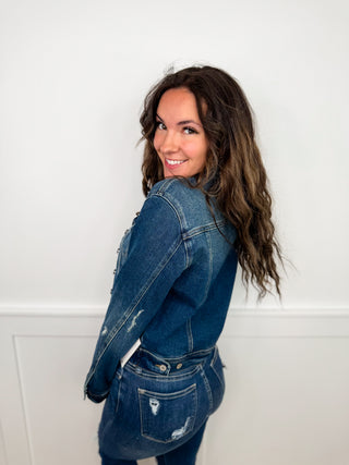 Judy Blue Juliette Distressed Cotton Blend Long Sleeve Dark Wash Denim Jacket