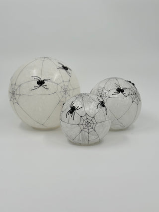 LED frosted globe set of 3, white glass with black spider web and spider prints