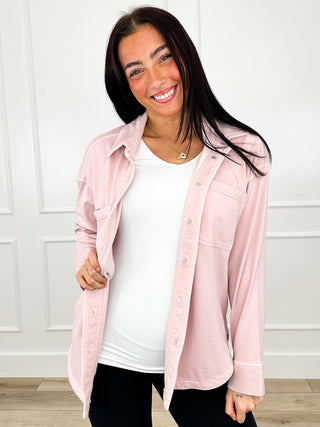 Light pink cotton-blend long-sleeve shacket with button front and chest pockets