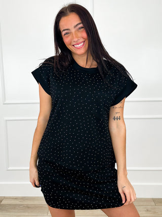 Embellished short-sleeve mini top in black with scattered rhinestone dots