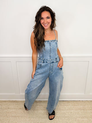 Chasing Happiness Cotton Blend Barrel Leg Medium Wash Avery Mae Overalls