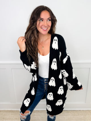 Reversible long-sleeve knit cardigan, black with white ghost pattern, open front