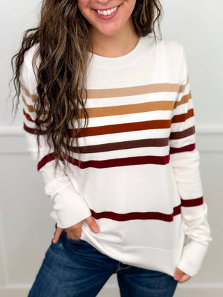 Ombre horizon knit long-sleeve sweater top with white base and horizontal rust stripes
