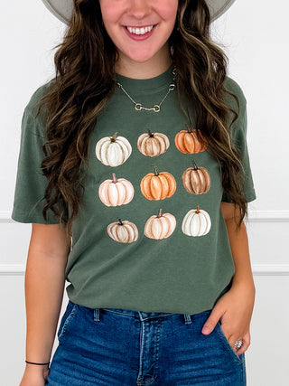 Pretty Little Pumpkins Cotton Short Sleeve Green Avery Mae Graphic Tee Shirt (Comfort Colors)