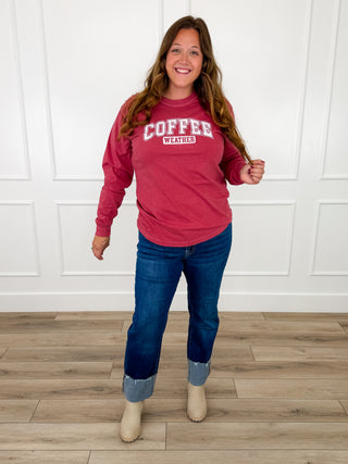 Coffee Weather Cotton Long Sleeve Red Avery Mae Graphic Tee Shirt (Comfort Colors)