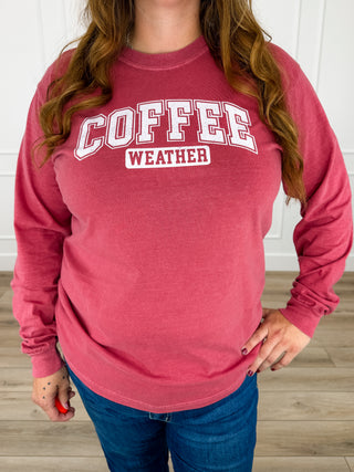 Coffee Weather Cotton Long Sleeve Red Avery Mae Graphic Tee Shirt (Comfort Colors)