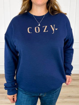 That Cozy Feeling Cotton Blend Long Sleeve Blue Avery Mae Graphic Crewneck Sweatshirt (Bella+Canvas)