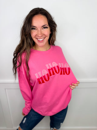 Ho Ho Holidays Cotton Blend Long Sleeve Pink Avery Mae Graphic Top