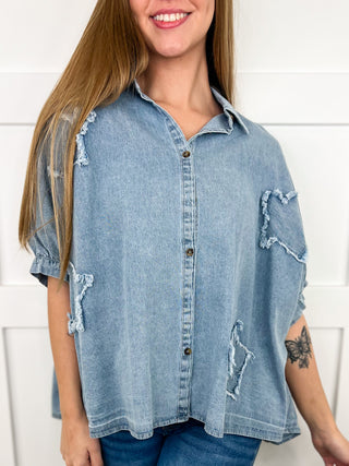 Shining Shooting Star Cotton Blend Short Sleeve Denim Avery Mae Button Up Top