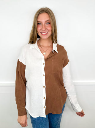 Easy Days Cotton Long Sleeve Brown Avery Mae Button Up Top