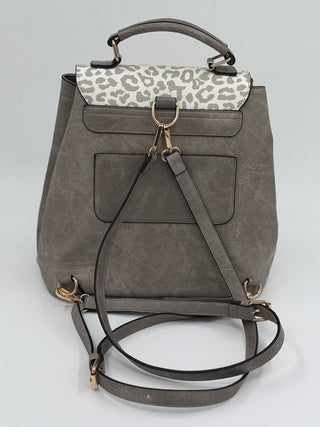 Convertible leather backpack, dark gray with leopard-print flap, top handle and shoulder straps