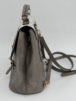 Convertible leather backpack, dark gray, top handle and side zipper with shoulder strap