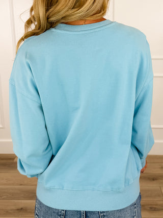 Wishlist In Bloom USA Cotton Long Sleeve Blue Mom Cropped Crewneck Sweatshirt